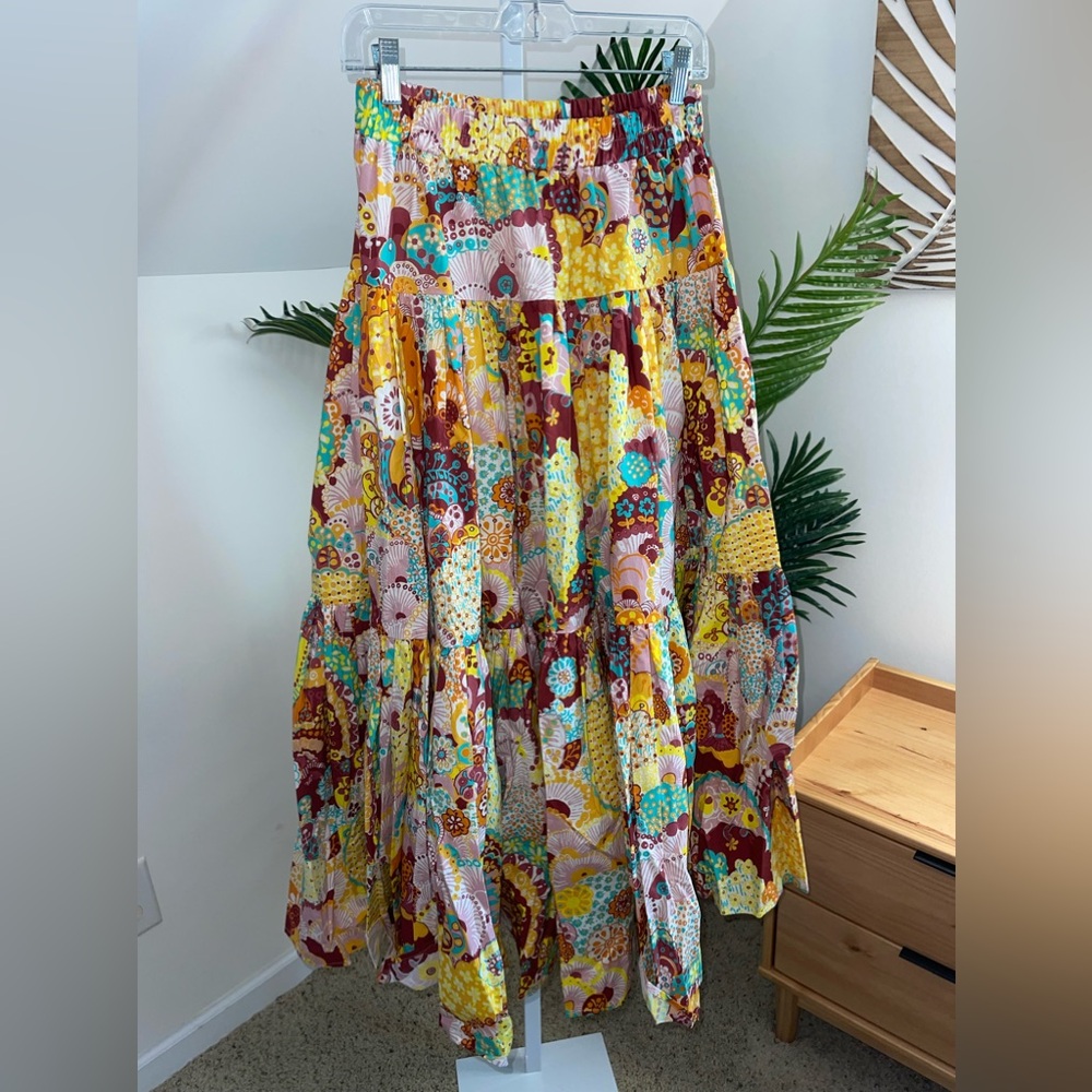 LA DoubleJ Floral Patchwork Maxi Skirt in Yellow, Turquoise, Burgundy